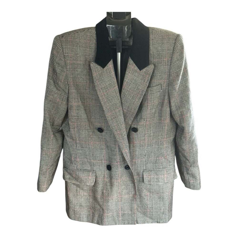 Amanda Smith 90s Vintage Wool Houndstooth Plaid Blazer Black Gray Size 12